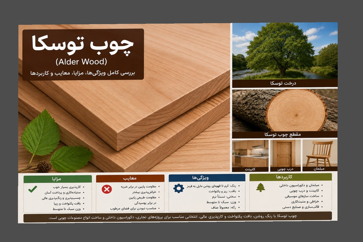چوب توسکا چیست؟ بررسی کامل ویژگی‌ها، مزایا، معایب و کاربردهای چوب توسکا