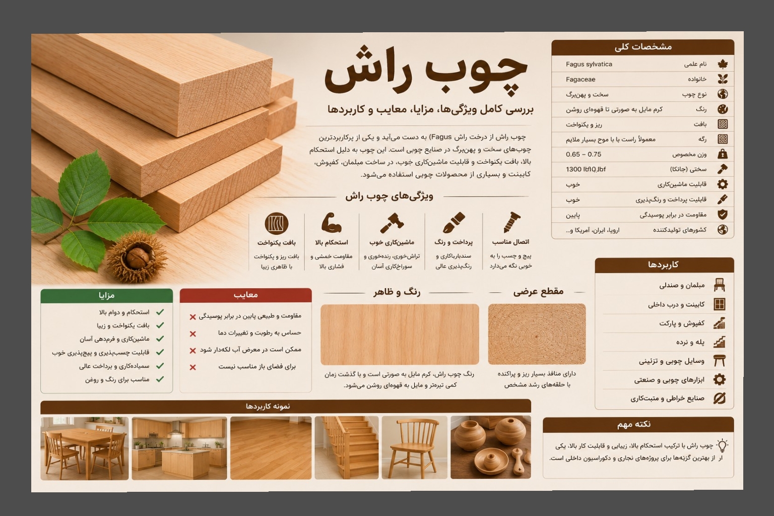 چوب راش چیست؟ راهنمای جامع ویژگی‌ها، مزایا، معایب و کاربردهای چوب راش