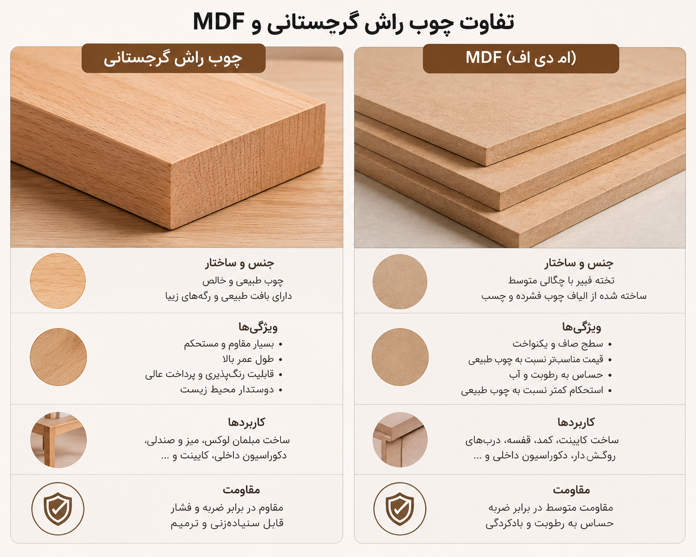چوب راش گرجستانی بهتر است یا MDF؟ مقایسه کامل برای خرید مبلمان، سرویس خواب و میز ناهارخوری