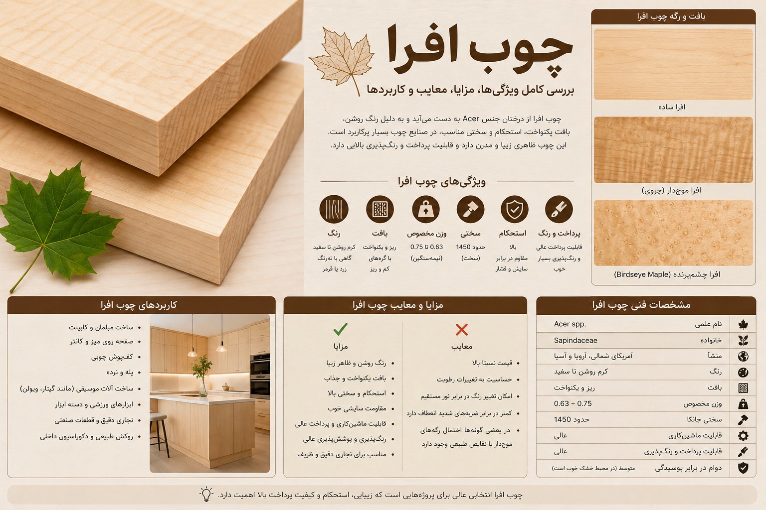 چوب افرا چیست؟ بررسی کامل ویژگی‌ها، مزایا، معایب، کاربردها و تفاوت آن با راش