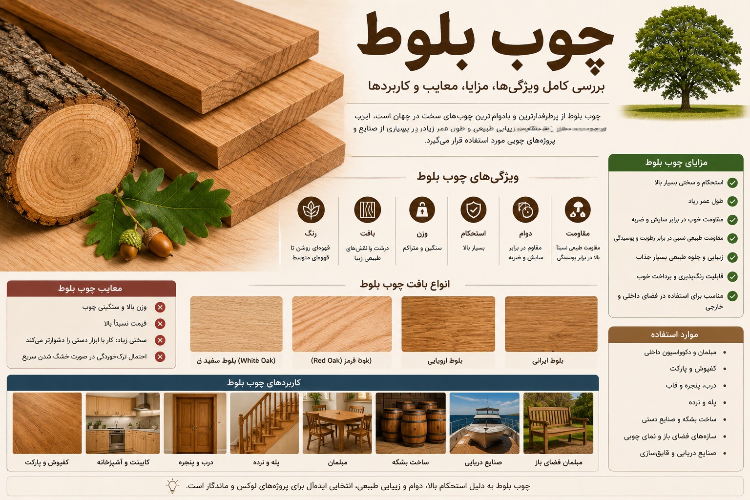 چوب بلوط چیست؟ راهنمای جامع ویژگی‌ها، انواع، کاربردها، مزایا و معایب