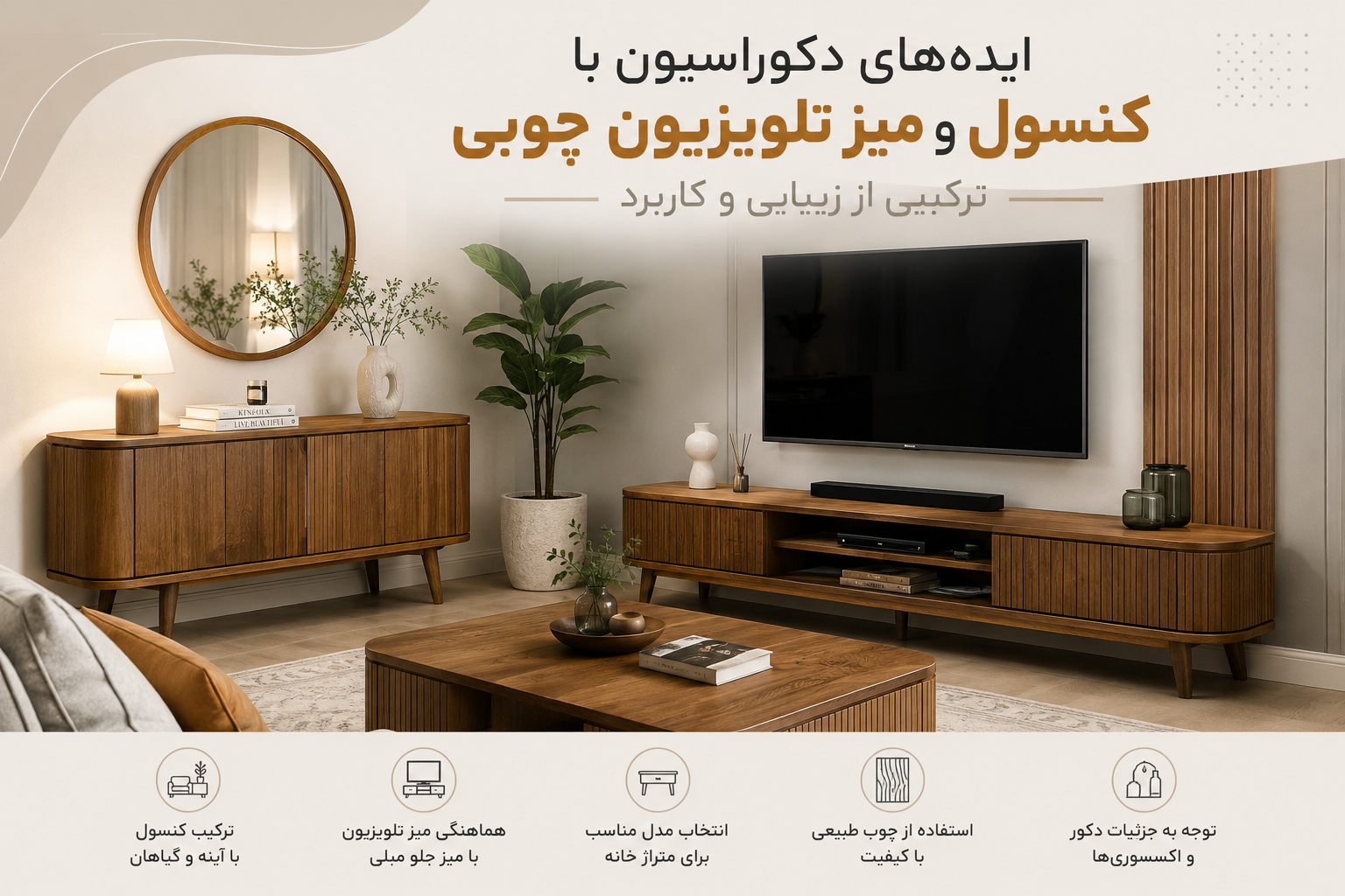 ایده دکوراسیون با کنسول و میز تلویزیون چوبی