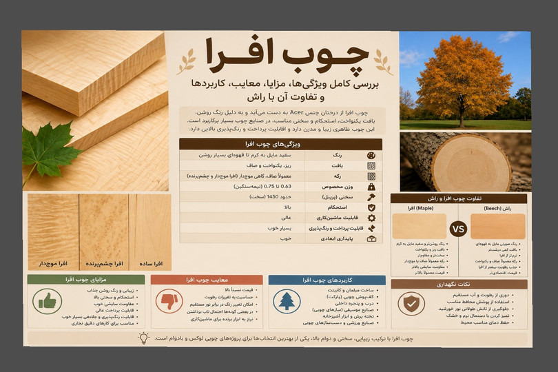 چوب افرا چیست؟ بررسی کامل ویژگیها، مزایا، معایب، کاربردها و تفاوت آن با راش
