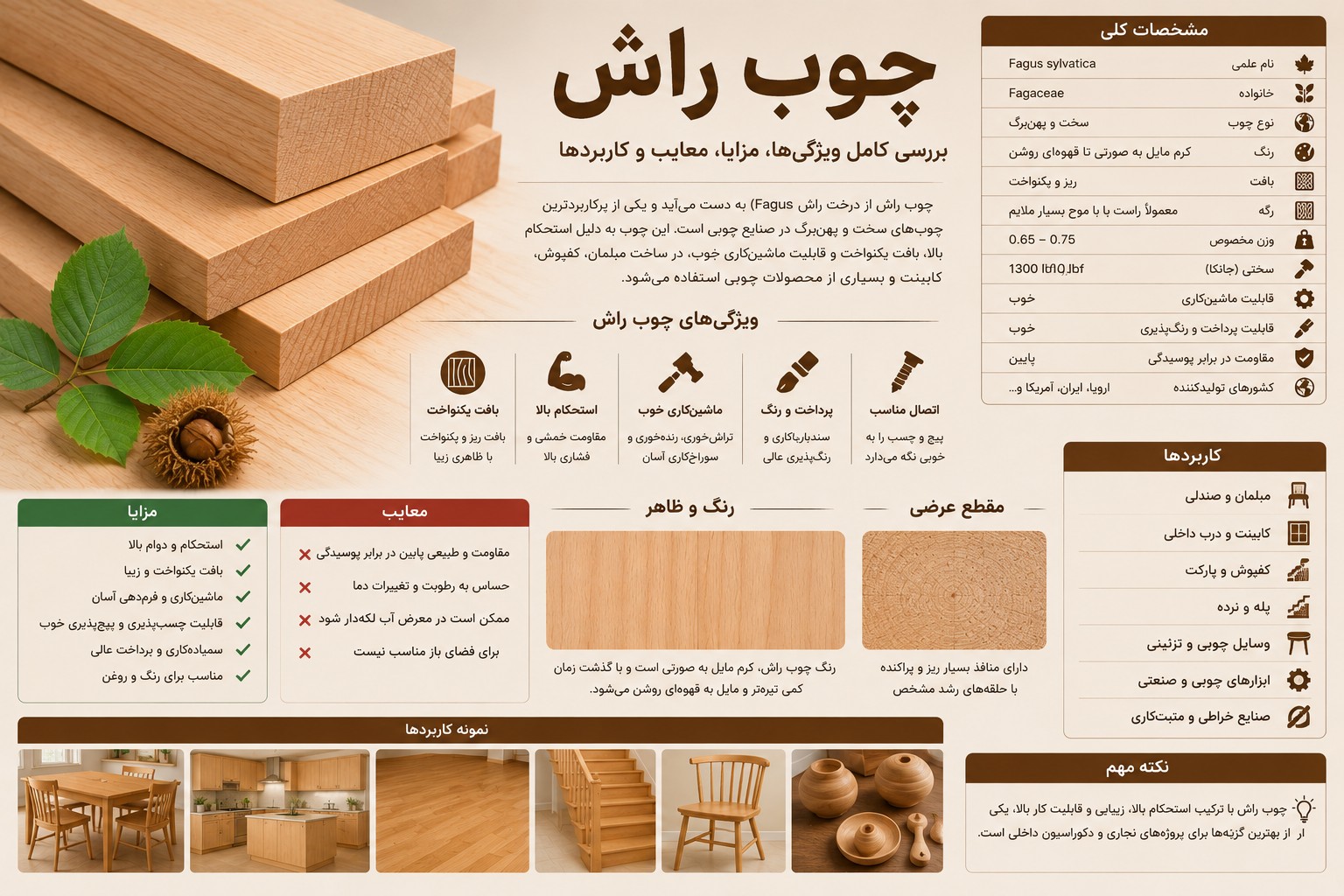 چوب راش چیست؟ راهنمای جامع ویژگی‌ها، مزایا، معایب و کاربردهای چوب راش