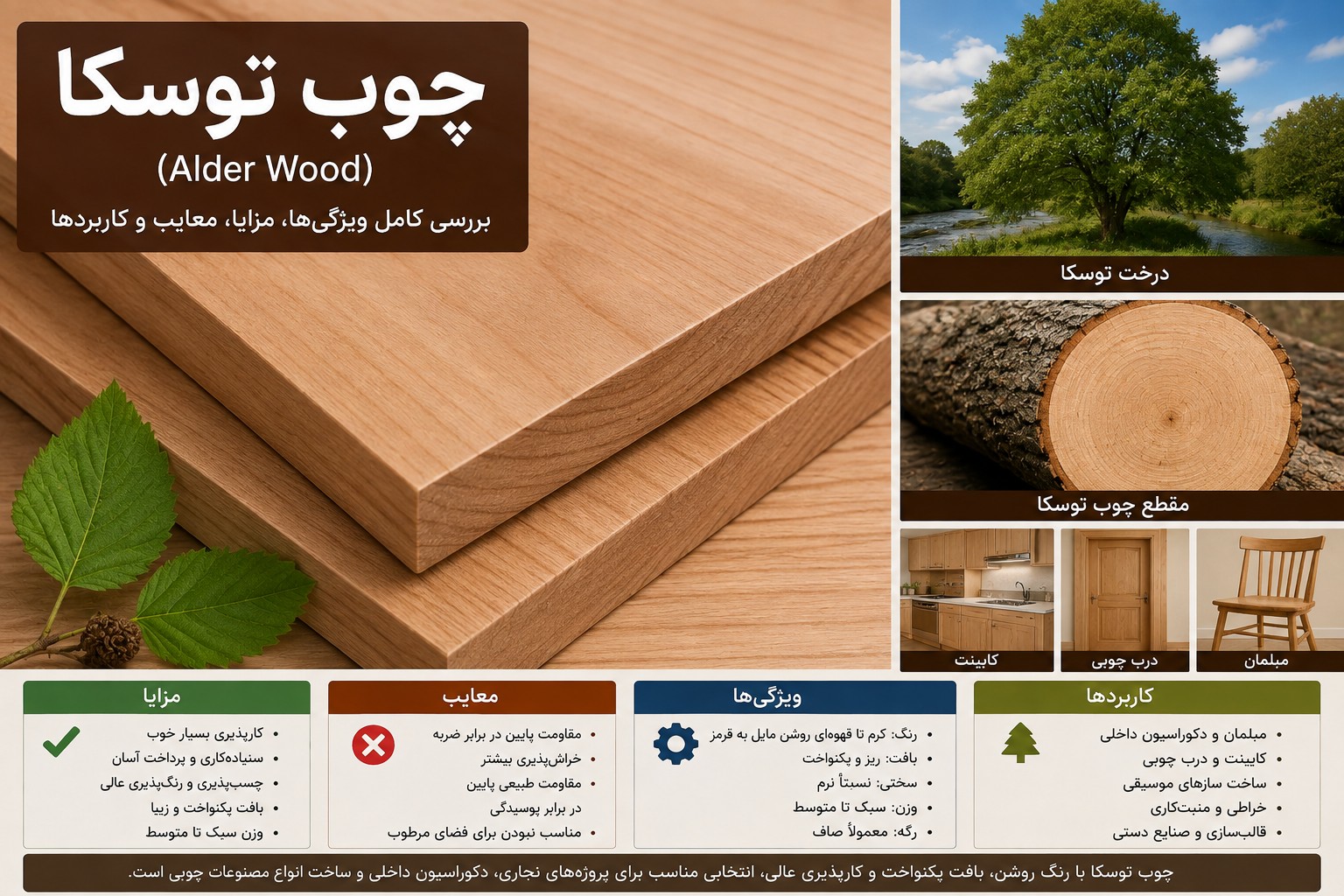 چوب توسکا چیست؟ بررسی کامل ویژگی‌ها، مزایا، معایب و کاربردهای چوب توسکا